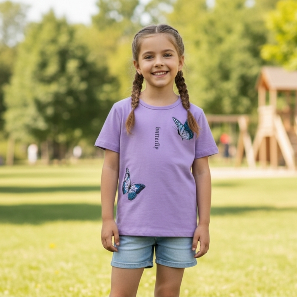 Girls Lavender Butterfly Graphic T-Shirt